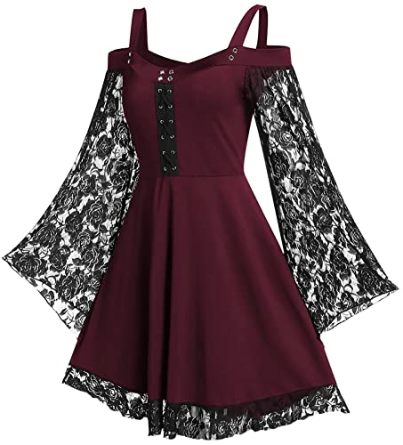 SEAUR Mittelalter Kleid Damen Vintage Gothic Outfits Partykleid Retro Lace-Up Karneval zum Schnüren Renaissance Party Kleid A Linie Stretch Vampir Club Kostüme von SEAUR
