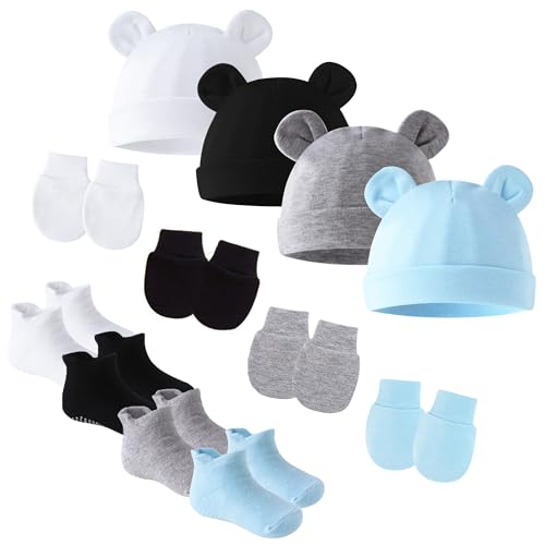 SEAUR Neugeborenes Baby Mütze Handschuhe Socken Set Süß Beanie Hut Newborn Baby Mädchen Jungen 0-6 Monate Baumwolle Weich Stretch von SEAUR