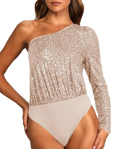 SEAUR Pailletten Oberteil Damen Bodysuit Elegant One Shoulder Bluse Glitzer Body Festlich Party Pullover Tops S Aprikose von SEAUR