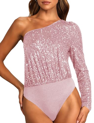 SEAUR Pailletten Oberteil Damen Bodysuit Elegant One Shoulder Bluse Glitzer Body Festlich Party Pullover Tops S Rosa von SEAUR