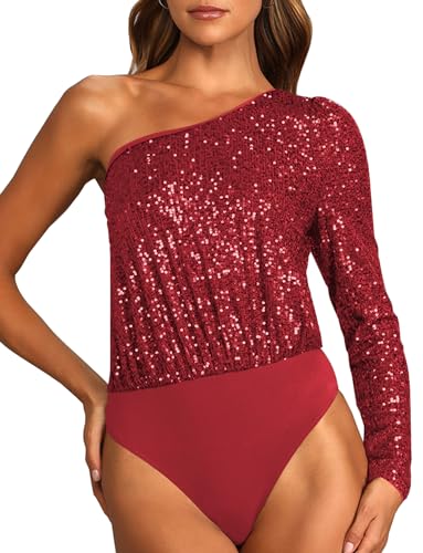 SEAUR Pailletten Oberteil Damen Bodysuit Elegant One Shoulder Bluse Glitzer Body Festlich Party Pullover Tops S Rot von SEAUR