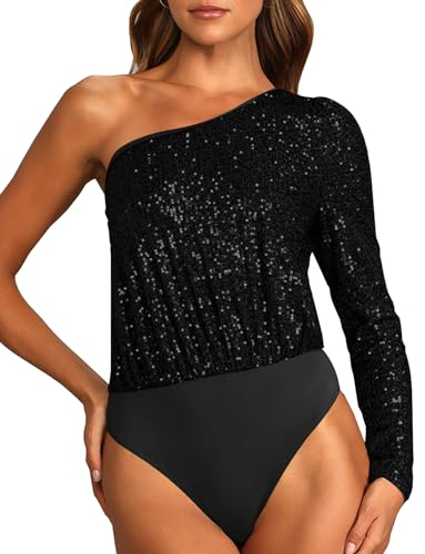 SEAUR Pailletten Oberteil Damen Bodysuit Elegant One Shoulder Bluse Glitzer Body Festlich Party Pullover Tops S Schwarz von SEAUR