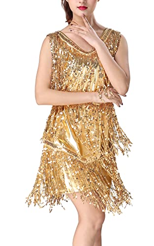 SEAUR - Pailletten-Quastenkleid für Frauen 1921er Flapper-Kleid Latein-Tanz-Kostüm Party Cocktailkleid, gold, Medium von SEAUR