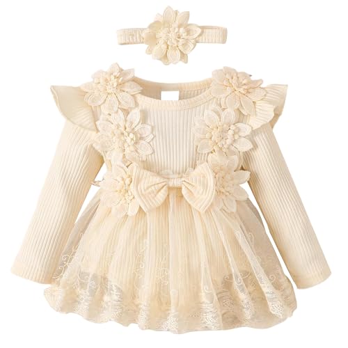 SEAUR Partykleider Strampler Baby Mädchen Geburtstag Kleinkind Kleider Langarm Kleid Apricot Baby Kleid mit Stirnband 6-9 M von SEAUR