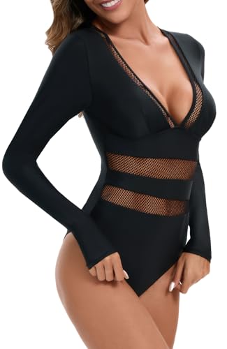 SEAUR Rash Guard Damen Langarm Einteiliger Badeanzug Reißverschluss Tief V Bademode mit Cups Slim Fit Mesh Schwimmanzug Sonnenschutz - M von SEAUR