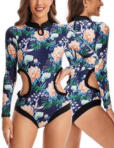 SEAUR Rash Guard Damen Langarm Einteiliger Badeanzug UPF 50+ UV Schutz Schwimmanzug Slim Fit Sonnenschutz Shirt Bademode One Piece Swimsuit - XL von SEAUR
