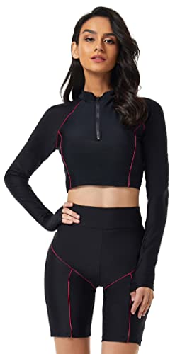 SEAUR Rash Guard Damen Langarm UPF 50+ UV Schutz Zweiteiliger Badeanzug Bikini Badeshorts Schwimmanzug Slim Fit Sonnenschutz Bademode Shirt - M von SEAUR