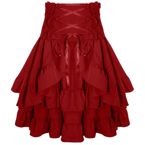 SEAUR Renaissance Damen Kurz Rüschen Dreilagiger Rock - Hohe Taille A-Linie Gothic Steampunk Schnürung Midi Vintage Mittelalter Viktorianisch Kostüm Karneval Festlich Cosplay - L von SEAUR