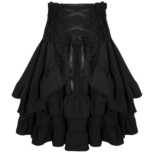 SEAUR Renaissance Damen Kurz Rüschen Dreilagiger Rock - Hohe Taille A-Linie Gothic Steampunk Schnürung Midi Vintage Mittelalter Viktorianisch Kostüm Karneval Festlich Cosplay - L von SEAUR