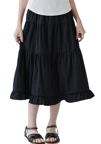 SEAUR Rock Schwarz Mädchen Lang Elegant Faltenrock Freizeitrock Strandrock Mädchen Lang Luftiger Sommerrock 7-8 Jahre von SEAUR