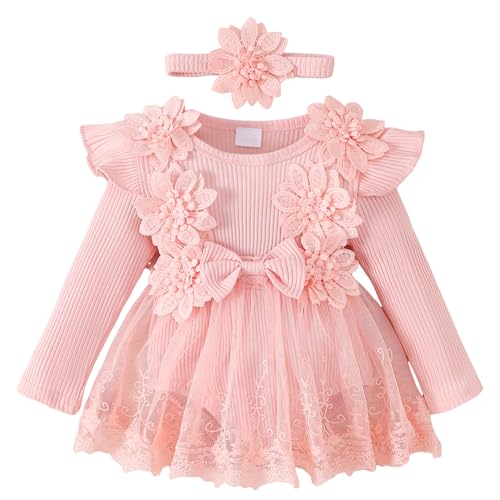 SEAUR Rosa Kleid Baby Mädchen Tüllkleid Langarm Kleidung Neugeborene Sommer Einfarbige Kleider Baby Rüschenkleid 6-9 M von SEAUR