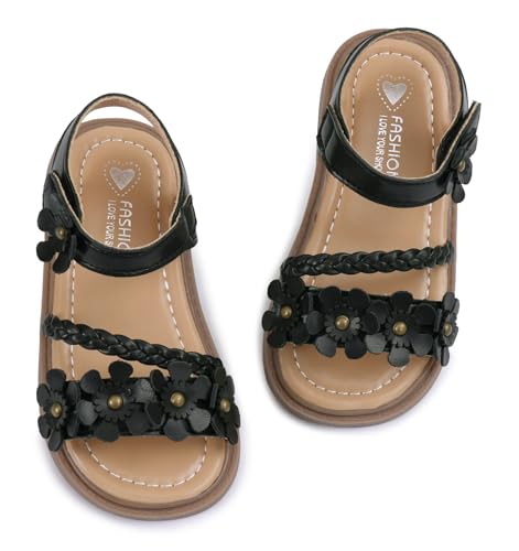 SEAUR Sandalen Weiche Sohle Mädchen Schwarz Sandalen Offene Sandalen Mädchen Sandalen mit Blumen Mädchen Sandalen Urlaub 30 EU von SEAUR