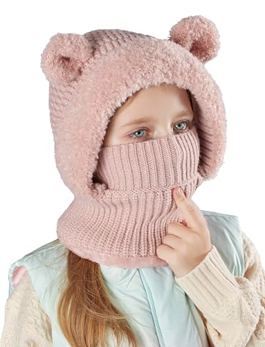 SEAUR Schalmütze Mädchen 4-10 Jahre Gefüttert Schlupfmütze Kinder Sturmhaube Wintermütze Strickmütze Niedlicher Bärchen Balaclava von SEAUR