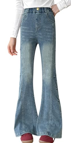SEAUR Schlaghose Mädchen Jeans High Waist Slim Fit Glockenhose Stretch Denim Jeanshose mit Gummibund Einzigartig Stilvoll Flared Jeans für Kinder - 130(EU 122-128) von SEAUR