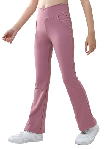 SEAUR Schlaghose Mädchen Sport Flared Leggings Bootcut Sporthose V-line Taille Jogginghose Trainninghose mit 2 Taschen Lang Yogahose - 120(110-120) von SEAUR