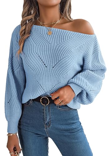 SEAUR Schulterfreier Pullover Damen Baggy Oversized Batwing Pullover Off Shoulder Pullover Damen y2k Pullover Damen Grün Boat Neck Top Blau von SEAUR