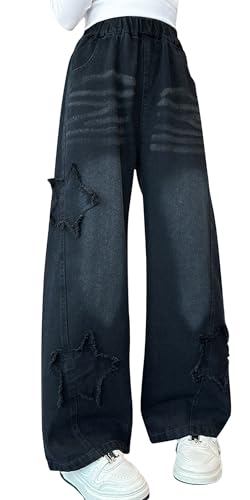 SEAUR Schwarz Jeans Kinder Baggy Denim Hosen Mädchen Jeans mit Hoher Taille Loose Fit Jeans Kinder Mode Jeans Mädchen Denim Hose 12-13 J von SEAUR