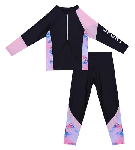 SEAUR Schwimmanzug Mädchen Lang Zweiteiliger Badeanzug Rash Guard Bademode 1/2 Zip Langarmshirt und Hose Badebekleidung für Kinder Strand Schwimmen Surfen - 7-8 Jahre von SEAUR