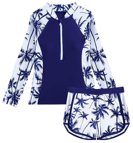SEAUR Schwimmanzug Mädchen Langarm Zweiteiliger Badeanzug Kinder Rashguard Set 1/2 Zip Schwimmshirt Badeshorts Sonnenschutz Badebekleidung - 160 von SEAUR