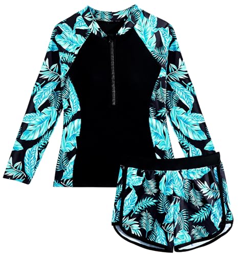 SEAUR Schwimmanzug Mädchen Langarm Zweiteiliger Badeanzug Kinder Rashguard Set 1/2 Zip Schwimmshirt Badeshorts Sonnenschutz Badebekleidung - 160 von SEAUR