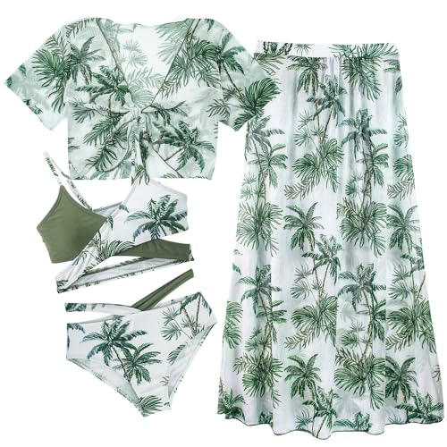 SEAUR Schwimmen Badeanzug Set Kinder Badebekleidung mit Gepolstert Mädchen 4 Teilig Bikini Bademode Sommer Tropischem Druck Schwimmanzug A-Grün 9J von SEAUR