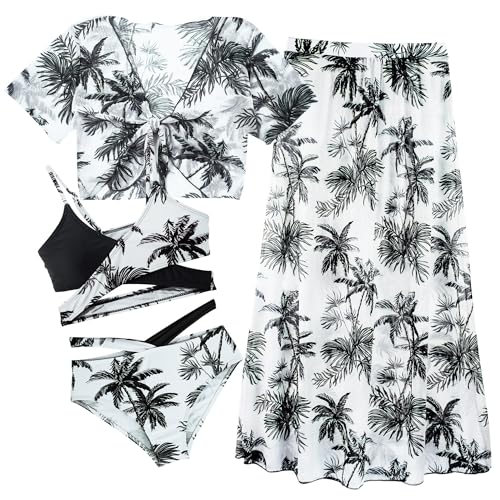 SEAUR Schwimmen Badeanzug Set Kinder Badebekleidung mit Gepolstert Mädchen 4 Teilig Bikini Bademode Sommer Tropischem Druck Schwimmanzug A-Schwarz 12J von SEAUR