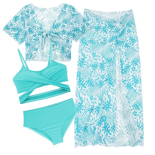 SEAUR Sommer Bikini Badeanzug für Kinder Bademode Set mit Rock Schwimmanzug Mädchen Bikini mit Cover Up Badebekleidung mit Pads Strand Grün 12J von SEAUR