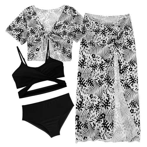 SEAUR Sommer Bikini Badeanzug für Kinder Bademode Set mit Rock Schwimmanzug Mädchen Bikini mit Cover Up Badebekleidung mit Pads Strand Schwarz 9J von SEAUR