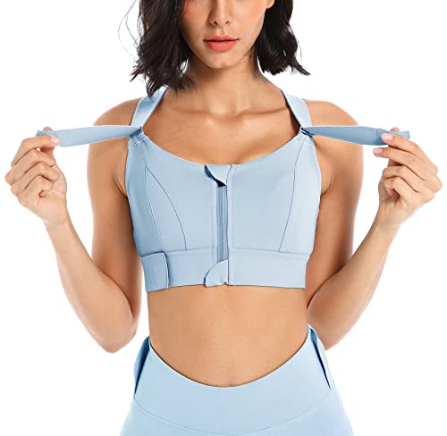 SEAUR Sport-BH Feste Brustpolster Frontreißverschluss Damen-BH mit Verstellbaren Trägern Hochschlagfester Training Bustier für Laufen Yoga Blau 3XL von SEAUR