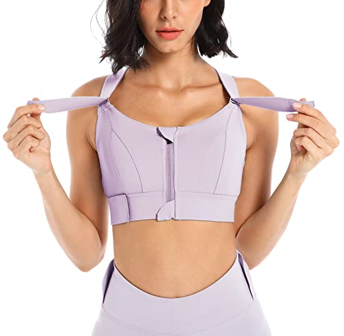 SEAUR Sport-BH Feste Brustpolster Frontreißverschluss Damen-BH mit Verstellbaren Trägern Hochschlagfester Training Bustier für Laufen Yoga Lila 3XL von SEAUR