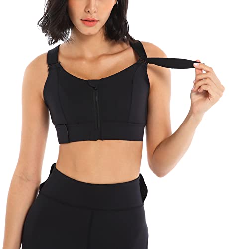 SEAUR Sport-BH Feste Brustpolster Frontreißverschluss Damen-BH mit Verstellbaren Trägern Hochschlagfester Training Bustier für Laufen Yoga Schwarz 1 XXL von SEAUR