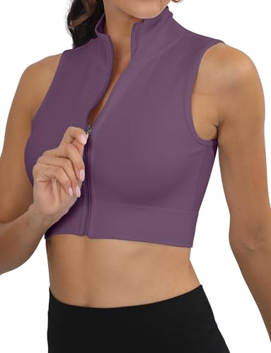 SEAUR Sport Crop Top Damen Ärmellos Reißverschluss Tank Top Stehkragen Eng Kurz Oberteil Slim Fit für Gym Fitness Workout - S von SEAUR