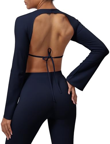 SEAUR Sport Crop Top Damen Langarm Rückenfrei Oberteil Gepolstert Yoga Gym Langarmshirt Ausgestellte Ärmel Bauchfrei Sportshirt Rundhals Weich -S von SEAUR