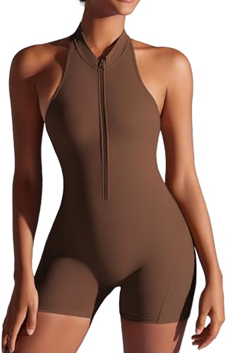 SEAUR Sport Jumpsuit Damen Kurz Eng Yoga Overall Scrunch Butt Ärmellos Bodysuit Einteiler Strampler Bodycon Zip Gym Fitness Jogging XS(Asie S) von SEAUR