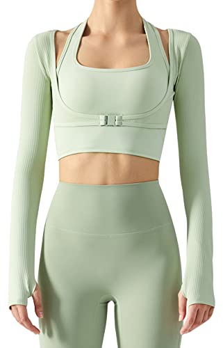 SEAUR Sport Oberteil Damen Fitness Langarm T-Shirts 2 in 1 Yoga Crop Top Neckholder Sportshirt Eng Longsleeve Gym Laufshirt - M von SEAUR