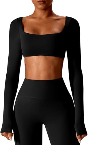 SEAUR Sport Oberteil Damen Langarm Sexy Crop Top Yoga Gym Langarmshirt Bauchfrei Sportshirt mit Polster Leicht Nahtlos - M von SEAUR