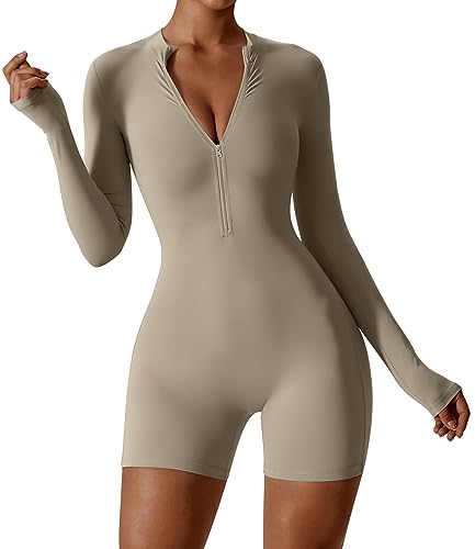 SEAUR Sport Strampler Damen Kurz Eng Bodycon Jumpsuit 1/2 Zip Einteiler Sportanzug Weich Stretch Yoga Overall Bodysuit für Gym Fitness Jogging - XL von SEAUR