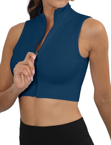 SEAUR Sport Tank Top Damen Eng Kurz Crop Top Ärmellos Reißverschluss Oberteil Stehkragen Slim Fit für Gym Fitness Workout - L von SEAUR