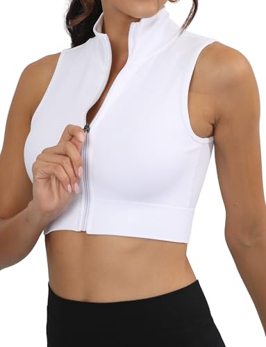 SEAUR Sport Tank Top Damen Eng Kurz Crop Top Ärmellos Reißverschluss Oberteil Stehkragen Slim Fit für Gym Fitness Workout - L von SEAUR