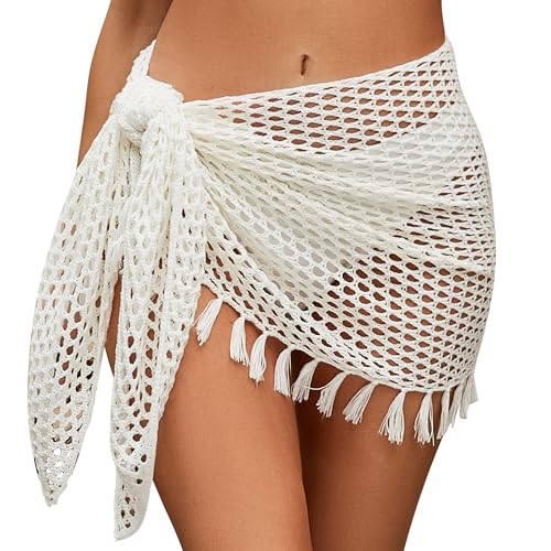 SEAUR Strand Wrap Sarong Damen Pareo Kurz Strandrock Gehäkelt Quaste Wickelrock Bikini Cover Up Fischnetz Mini Häkelrock - S von SEAUR