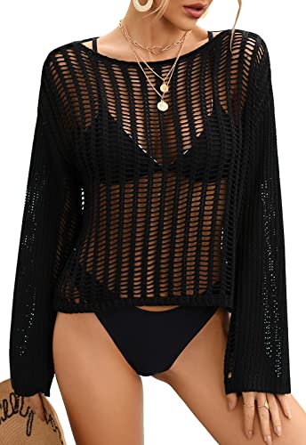 SEAUR Strandkleid Damen Kurz Netz Strand Oberteil Bikini Cover Up Gestrickt Langarm Strandponcho Sommer Kimono Strandtunika Pareos - XL von SEAUR