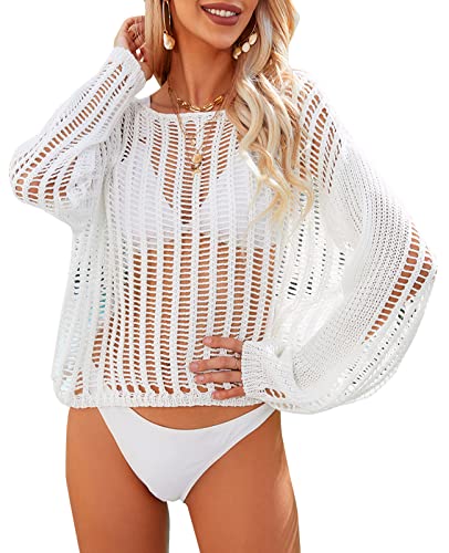 SEAUR Strandkleid Damen Kurz Netz Strand Oberteil Bikini Cover Up Gestrickt Langarm Strandponcho Sommer Kimono Strandtunika Pareos - XL von SEAUR