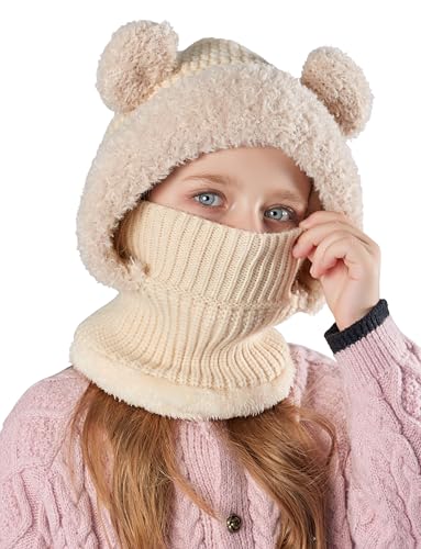 SEAUR Sturmhaube Mädchen 4-10 Jahre Gefüttert Wintermütze Kinder Schlupfmütze Schalmütze Balaclava Niedlicher Bärchen Strickmütze von SEAUR