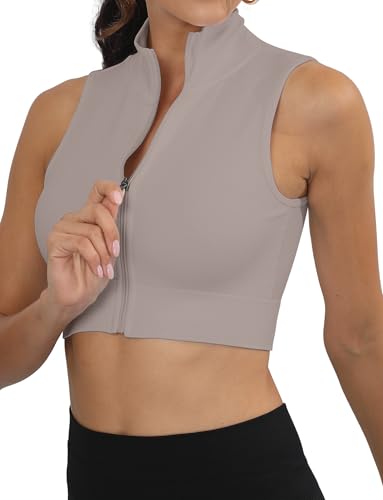 SEAUR Tank Top Damen Sport Kurz Eng Oberteil Ärmellos Reißverschluss Crop Top Slim Fit Stehkragen für Gym Fitness Workout - M von SEAUR