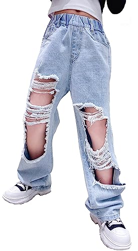 SEAUR Teenager Mädchen Jeans Zerrissen Baggy Hosen High Waist Weites Bein Bootcut Jeanshose Loch Vintage Y2K Denim Jeans Lang Gummibund 140/146 (10-11 Jahre) von SEAUR