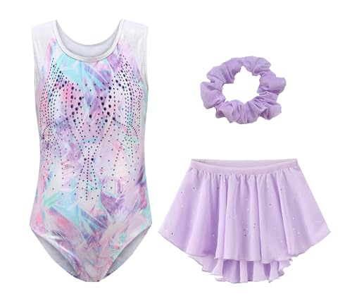SEAUR Turnanzug Mädchen Gymnastikanzug Glitzer Gymnastik Trikot mit Rock und Haarband Kinder Ärmellos Leotard Set Mehrfarbig - 9-10 Jahre von SEAUR