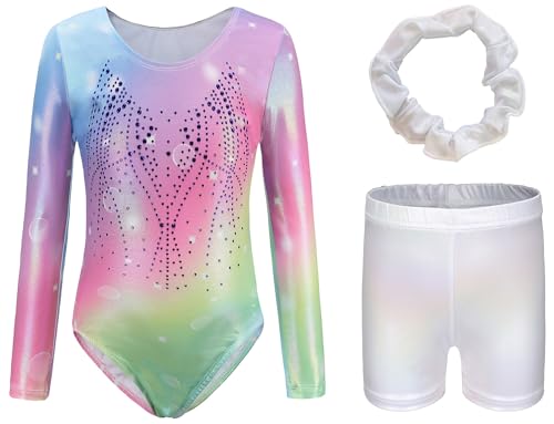 SEAUR Turnbody Mädchen Kinder Glänzend Weich Elastisch Langarm Tanzkleidung Gymnastiktrikot mit Hose Haarband Turnen Stretch Sleeveless Shining Leotard Kunstturnen Trikotanzug von SEAUR