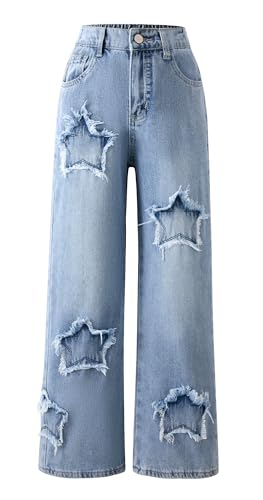 SEAUR Weite Jeans Mädchen Straight Y2K Jeanshosen mit Gummibund Baggy Denim Jean Hose Sternenmuster - 160(EU 158) von SEAUR