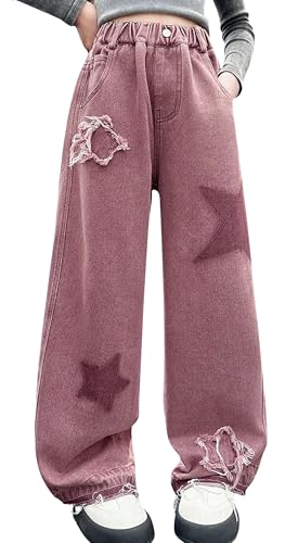 SEAUR Weite Jeans Mädchen Y2K Jeanshose Baggy Denim Jean Hose mit Gummibund Sternenmuster Jeans für Kinder - 150(EU 140-146) von SEAUR