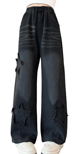 SEAUR Weite Jeans Mädchen Y2K Jeanshose Baggy Denim Jean Hose mit Gummibund Sternenmuster Jeans für Kinder - 150(EU 140-146) von SEAUR